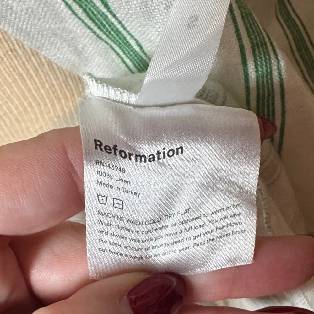 Reformation 100% linen Asymmetrical wrap Dress in Green and White Stripes - Picture 5 of 5